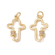 Rack Plating Brass Micro Pave Clear Cubic Zirconia Pendants, Religion Cross Charm, Cadmium Free & Lead Free, Long-Lasting Plated, Real 18K Gold Plated, 22.5x14x3.8mm, Hole: 3mm(KK-D087-39G)
