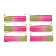 Natural Quartz Crystal Connector Charms, with Light Gold Plated Brass Loops, Dyed, Rectangle, Deep Pink, 16.5x43x6mm, Hole: 2mm(G-N326-111)