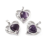 Natural Amethyst Pendants, with Platinum Tone Brass Findings, Cadmium Free & Lead Free, Heart, Valentine's Day, 28x26x5mm, Hole: 8x5mm(G-C236-01B-P-RS)