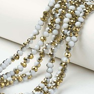 Electroplate Opaque Glass Beads Strands, Half Golden Plated, Faceted, Rondelle, White, 6x5mm, Hole: 1mm, about 83~85pcs/strand, 38~39cm(EGLA-A034-P6mm-O08)