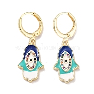 Real 18K Gold Plated Brass Dangle Leverback Earrings, with Enamel and Cubic Zirconia, Hamsa Hand with Evil Eye, Turquoise, 23.5x11.5mm(EJEW-L269-014G-01)
