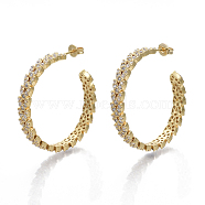 Brass Micro Pave Clear Cubic Zirconia Stud Earrings, Half Hoop Earrings, with Earring Backs, Nickel Free, Leaf, Real 18K Gold Plated, 34x5mm, Pin: 0.7mm(EJEW-R114-001G-NF)