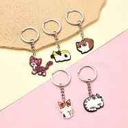 5Pcs 5 Style Cute Cartoon PVC Plastic Cat Pendant Keychain, with Iron Findings, Mixed Color, 7.1~7.8cm, 1pc/style(KEYC-YW0001-17)