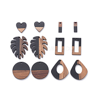 Resin & Walnut Wood Pendants, Tropical Leaf Charms, Flat Round & teardrop, & Rectangle & Heart & Monstera Leaf, Black, 12pcs/set(RESI-X0001-35)