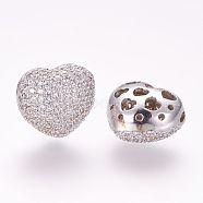 Brass Micro Pave Cubic Zirconia Beads, Heart, Hollow, Platinum, 12.5x14x9mm, Hole: 1mm(ZIRC-G091-78P)