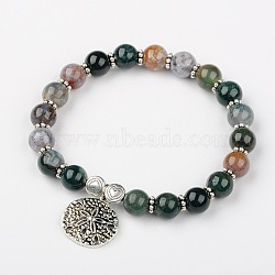 Natural Indian Agate Round Beads Stretch Bracelets, with Tibetan Style Alloy Findings, Flat Round with Sand Dollar, Antique Silver, Indian Agate, 55mm(X-BJEW-JN01374)