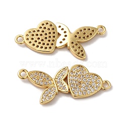 Eco-Friendly Rack Plating Brass Micro Pave Clear Cubic Zirconia Connector Charms, Long-Lasting Plated, Lead Free & Cadmium Free, Butterfly with Heart, Real 18K Gold Plated, 14.5x29x2.5mm, Hole: 1.6mm(KK-F853-29G)