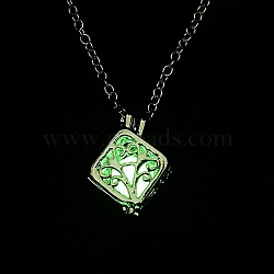 Luminous Alloy Locket Cube Pendant Necklaces, Glow in the Dark, Lime, 18.54 inch(47.1cm)(NJEW-F284-04A)