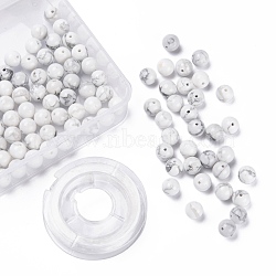 100Pcs 8mm Natural Howlite Round Beads, with 10m Elastic Crystal Thread, for DIY Stretch Bracelets Making Kits, 8mm, Hole: 1mm(DIY-LS0002-24)