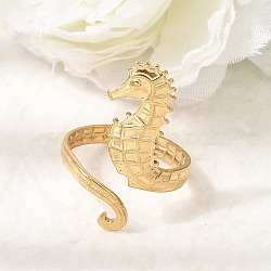 304 Stainless Steel Cuff Open Rings for Women, Sea Horse, Golden, 31mm, Inner Diameter: 20mm(SA-CBA7062-23G)