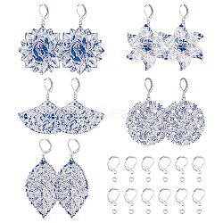 DIY Flower Drop Earring Making Kit, Including Leaf & Fan & Flat Round 430 Stainless Steel Pendants, 304 Stainless Steel Leverback Earring Findings, Blue, 44Pcs/box(DIY-SZ0008-53)