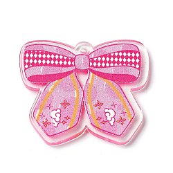 Spray Printed Acrylic Pendants, Bowknot, Hot Pink, 34.5x39.5x2.5mm, Hole: 2mm(TACR-P006-A01)