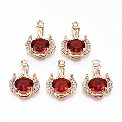 Brass Glass Rhinestone Pendants, with Micro Pave Clear Cubic Zirconia, Long-Lasting Plated, Cadmium Free & Lead Free, Light Gold, Siam, 20x14x5mm, Hole: 1.6mm(GLAA-S179-29B-RS)