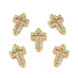 Brass Micro Pave Clear Cubic Zirconia Connector Charms, Religion Cross Links, Real 18K Gold Plated, 15x9.5x2mm, Hole: 1mm(KK-E068-VB330)