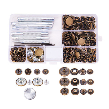 1Box Mixed Metal Jewelry Snap Fastener, with Glass Cabochons, Flat Round, Mixed Color, 50set/box, 15mm