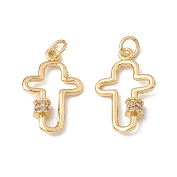 Rack Plating Brass Micro Pave Clear Cubic Zirconia Pendants, Religion Cross Charm, Cadmium Free & Lead Free, Long-Lasting Plated, Real 18K Gold Plated, 22.5x14x3.8mm, Hole: 3mm