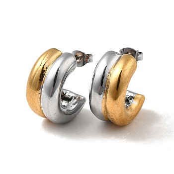 Two Tone C Shaped 304 Stainless Steel Stud Earrings for Women, Golden & Stainless Steel Color, 19.5x10x5mm, Pin: 0.8mm
