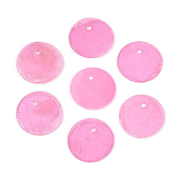 Spray Painted Natural Capiz Shell Disc Charms, Hot Pink, 15x0.5~1mm, Hole: 1.2~1.5mm