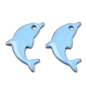 201 Stainless Steel Enamel Pendants, Dolphin, Stainless Steel Color, Light Sky Blue, 17x11.5x1.5mm, Hole: 1.2mm