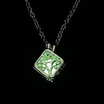 Luminous Alloy Locket Cube Pendant Necklaces, Glow in the Dark, Lime, 18.54 inch(47.1cm)