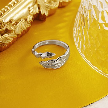 Stainless Steel Open Cuff Ring, Feather Shape, Stainless Steel Color, Inner Diameter: 18mm
