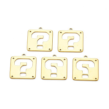 Ion Plating(IP) 201 Stainless Steel Chandelier Component Links, Laser Cut, Square with Question Mark, Real 18K Gold Plated, 25x23.5x1.5mm, Hole: 1.2mm & 2mm