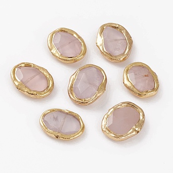 Natural Rose Quartz Beads, with Golden Brass Findings, Flat Round, 20.2~22.4x25~28.3x5.5~8.2mm, Hole: 0.5~0.8mm