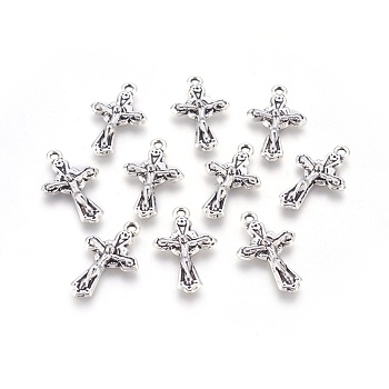 Tibetan Style Alloy Pendants, for Easter, Crucifix Cross, Antique Silver, Cadmium Free & Nickel Free & Lead Free, 23.5x15x3mm, Hole: 1.5mm