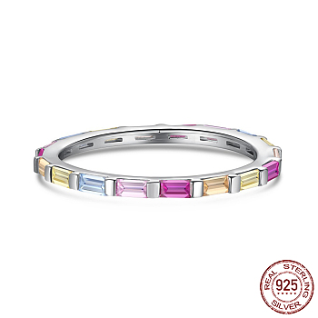 Rhodium Plated Sterling Silver Finger Rings, with Colorful Rectangle Cubic Zirconia, with S925 Stamp, Platinum, US Size 7(17.3mm)