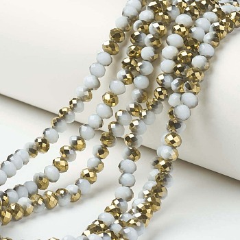 Electroplate Opaque Glass Beads Strands, Half Golden Plated, Faceted, Rondelle, White, 6x5mm, Hole: 1mm, about 83~85pcs/strand, 38~39cm