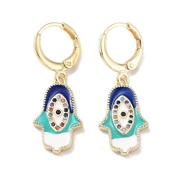 Real 18K Gold Plated Brass Dangle Leverback Earrings, with Enamel and Cubic Zirconia, Hamsa Hand with Evil Eye, Turquoise, 23.5x11.5mm