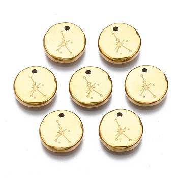 316 Surgical Stainless Steel Charms, Flat Round with Constellation, Real 14K Gold Plated, Cancer, 10x2mm, Hole: 1mm