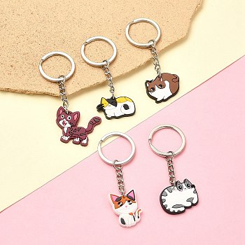 5Pcs 5 Style Cute Cartoon PVC Plastic Cat Pendant Keychain, with Iron Findings, Mixed Color, 7.1~7.8cm, 1pc/style