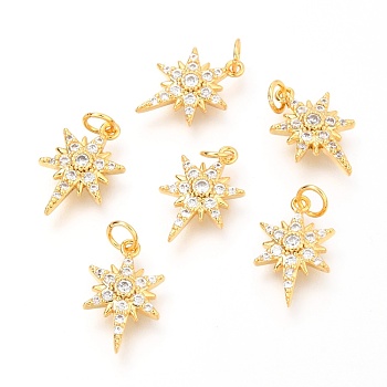 Brass Micro Pave Clear Cubic Zirconia Charms, with Jump Rings, Star, Real 18K Gold Plated, 14x8.7x2.46mm, Hole: 2.6mm