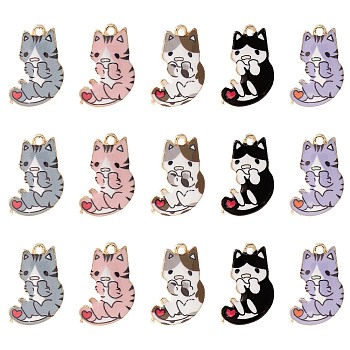 25Pcs 5 Styles Rack Plating Alloy Pendants, Printed, Lead Free & Cadmium Free & Nickel Free, Cat Charm, Light Gold, Mixed Color, 21x14x2.5mm, Hole: 1.8mm, 5pcs/style