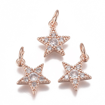 Brass Micro Pave Cubic Zirconia Charms, with Jump Ring, Long-Lasting Plated, Star, Clear, Real Rose Gold Plated, 12x10x2mm, Hole: 3mm