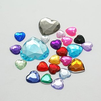 Imitation Taiwan Acrylic Rhinestone Cabochons, Flat Back & Faceted, Heart, Mixed Color, 10x10x3mm, about 1000pcs/bag