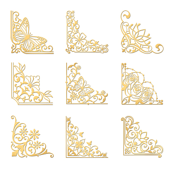 Nickel Decoration Stickers, Metal Resin Filler, Epoxy Resin & UV Resin Craft Filling Material, Golden, Floral, 40x40mm, 9pcs/set