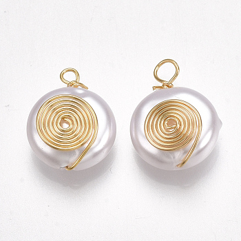 ABS Plastic Imitation Pearl Pendants, with Brass Findings, Real 18K Gold Plated, Flat Round, White, 16~17x12x6mm, Hole: 1.5~2.5mm
