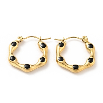 Ion Plating(IP) 304 Stainless Steel Hexagon Hoop Earrings with Enamel for Women, Golden, Black, 20x19x3mm, Pin: 0.8mm