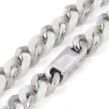 304 Stainless Steel & Ceramics Cuban Link Chain Necklaces for Women, Stainless Steel Color, White, 18.19 inch(46.2cm)