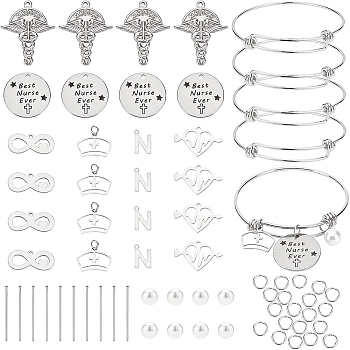 BENECREAT DIY Medical Theme Bangle Making Kit, Including Stainless Steel Charms, 201 Stainless Steel Bangle Making, 304 Stainless Steel Pins & Jump Rings, Glass Pearl Beads, Stainless Steel Color, Bangle Making: 4pcs/box