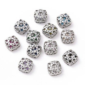 Eco-friendly Brass Cubic Zirconia Multi-Strand Links, Cadmium Free & Lead Free, Square, Platinum, Mixed Color, 10x10x5.7mm, Hole: 1.2mm
