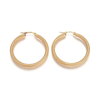 201 Stainless Steel Geometric Hoop Earrings, with 304 Stainless Steel Pins, Hypoallergenic Earrings, Textured, Ring, Golden, 35~36x3mm, 9 Gauge, Pin: 1x0.6mm
