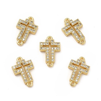 Brass Micro Pave Clear Cubic Zirconia Connector Charms, Religion Cross Links, Real 18K Gold Plated, 15x9.5x2mm, Hole: 1mm