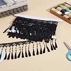 3 Yards Polyester Tassel Lace Ribbon, Fringe Tassel Trimming for Curtain Decor, with 1Pc Cardboard Display Card, Black, 4 inch(100mm)(OCOR-LP0002-57A)