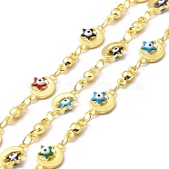 Handmade Eco-friendly Brass Enamel Moon & Star with Evil Eye Link Chain, with Flat Round Link Chain, Real 18K Gold Plated, Lead Free & Cadmium Free, Soldered, with Spool, Colorful, 7.5x10.5x3mm(CHC-I045-20G)