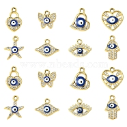 16Pcs 8 Styles UV Plating Alloy Enamel Pendants, with Rhinestone, Golden, Evil Eye, Mixed Shapes, 13.5~18.5x11~17x2~3mm, Hole: 2mm, 2pcs/style(FIND-FS0002-74)