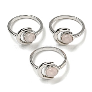 Natural Rose Quartz Adjustable Rings, with Platinum Brass Findings, Long-Lasting Plated, Jewely for Women, Moon with Round, US Size 8(18.1mm).(RJEW-K269-09P-06)
