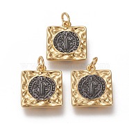 Brass Pendants, with Jump Rings, Long-Lasting Plated, Square with Saint Benedict Medal/Saint Benedict, Real 18K Gold Plated & Gunmetal, 17.4x15x2mm, Jump Rings: 5.5x1mm, 3.5mm Inner Diameter(KK-L188-14GB)